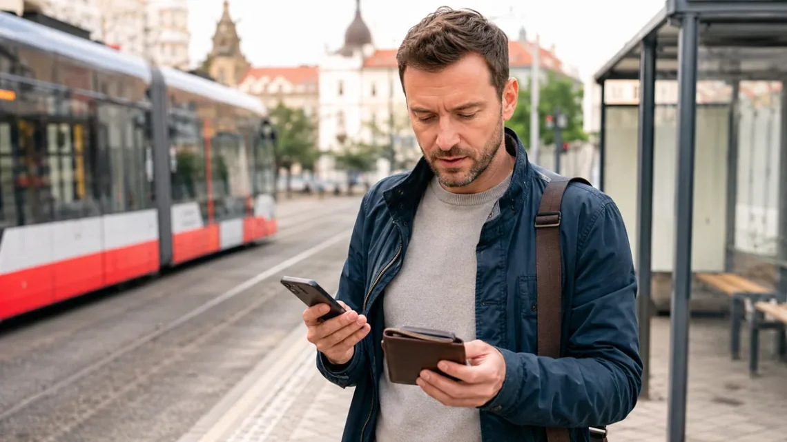 Cestující u pražské tramvajové zastávky kontroluje peněženku a telefon po ztrátě karty