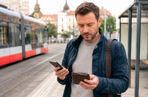 Cestující u pražské tramvajové zastávky kontroluje peněženku a telefon po ztrátě karty