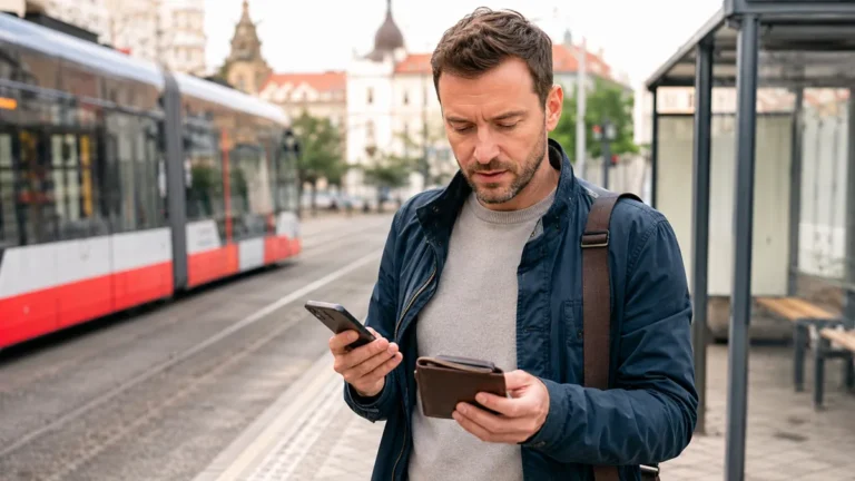 Cestující u pražské tramvajové zastávky kontroluje peněženku a telefon po ztrátě karty