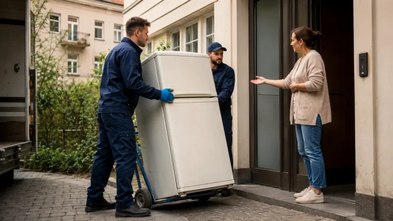 Dva pracovníci odvážejí neporušenou starou lednici z pražského domu