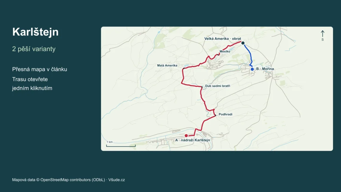 Karlštejn a Amerika – geografická mapa dvou pěších variant s označenými nástupy a cíli.