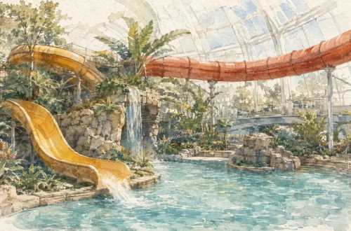 Tematická akvarelová ilustrace k průvodci: Aquapalace Praha