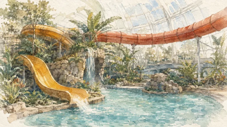 Tematická akvarelová ilustrace k průvodci: Aquapalace Praha