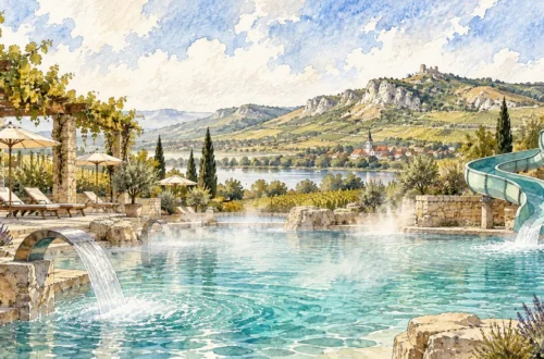 Tematická akvarelová ilustrace k průvodci: Aqualand Moravia