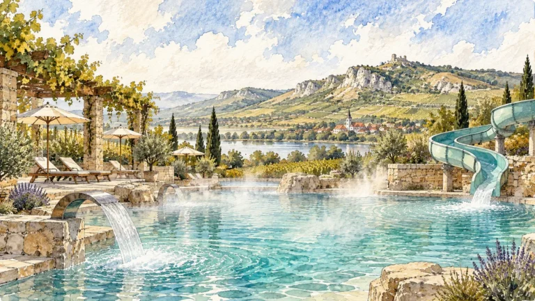 Tematická akvarelová ilustrace k průvodci: Aqualand Moravia