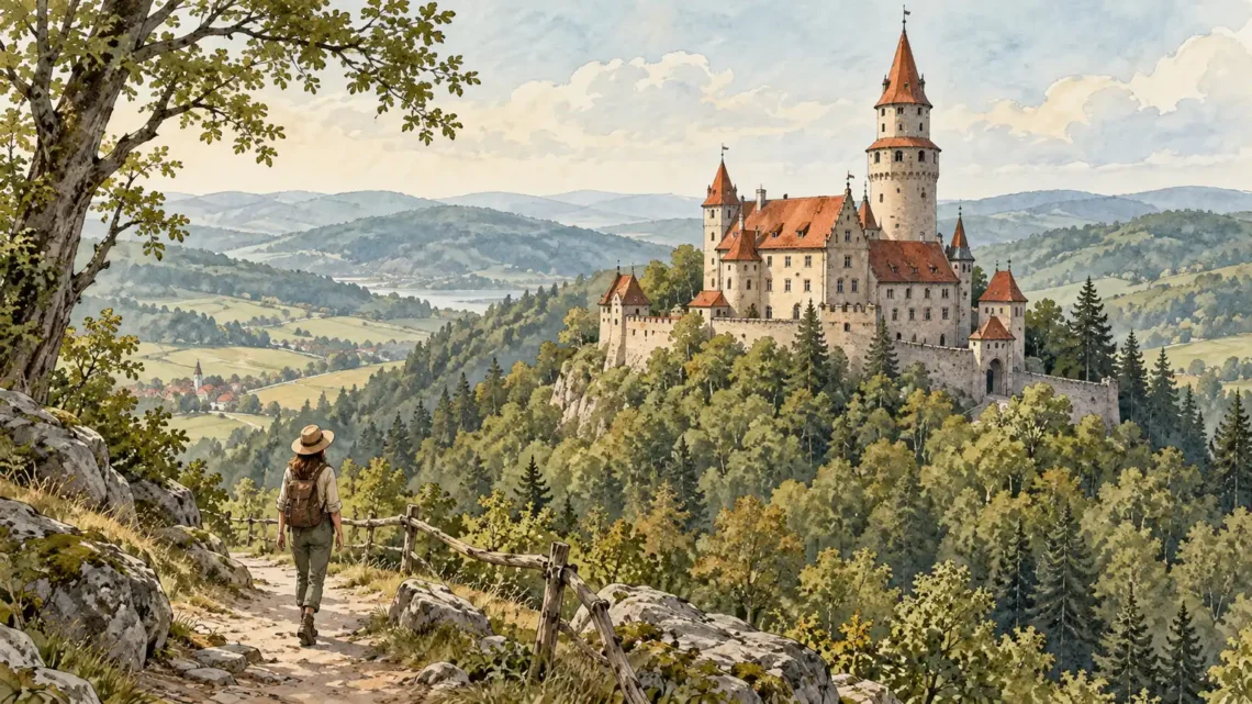 Tematická akvarelová ilustrace k průvodci: Hrad Bouzov