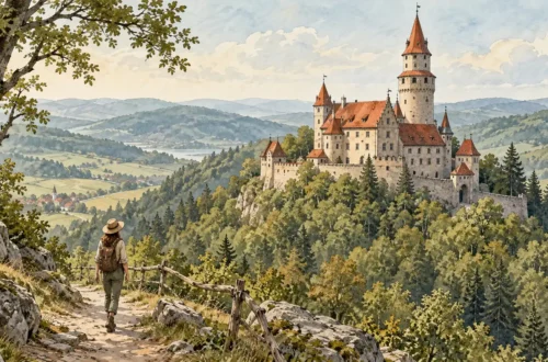 Tematická akvarelová ilustrace k průvodci: Hrad Bouzov