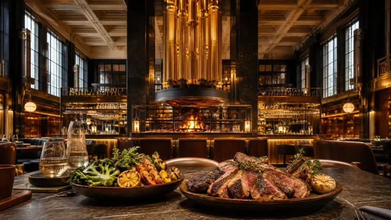 Ilustrační fotografie velké moderní restaurace s otevřeným grilem a grilovaným masem