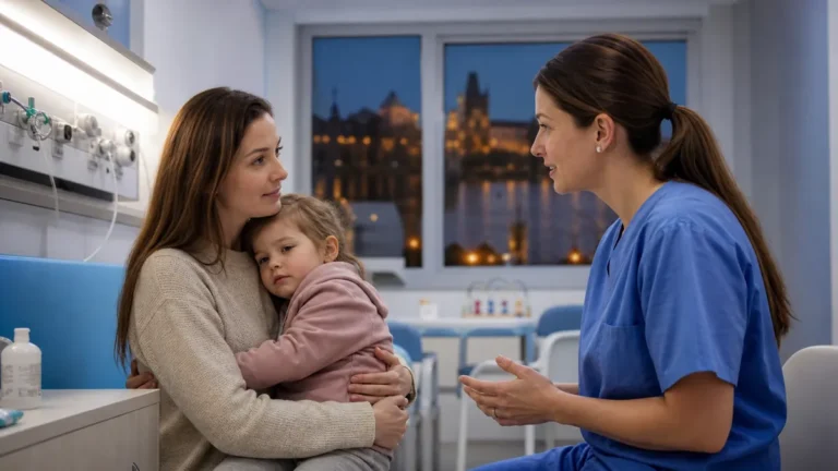 Matka s dítětem hovoří se zdravotní sestrou na dětské pohotovosti v Praze