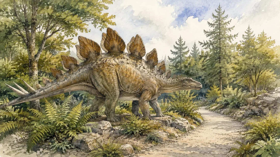 Tematická akvarelová ilustrace k průvodci: DinoPark Ostrava