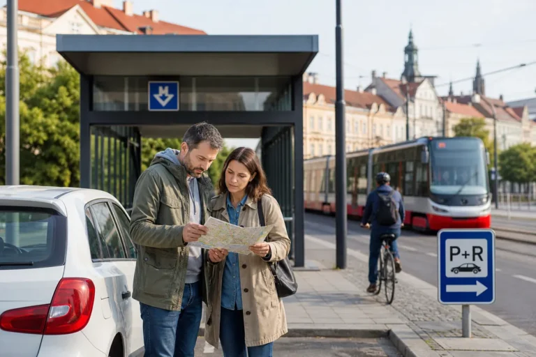 Cestující plánují trasu u auta, tramvaje a vstupu do pražského metra