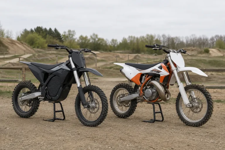 Elektrická a benzínová dětská motokrosová motorka vedle sebe na uzavřené trati