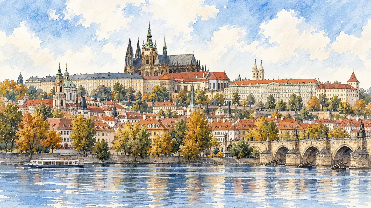 Tematická akvarelová ilustrace k průvodci: Pražský hrad
