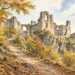 Tematická akvarelová ilustrace k průvodci: Hrad Hukvaldy