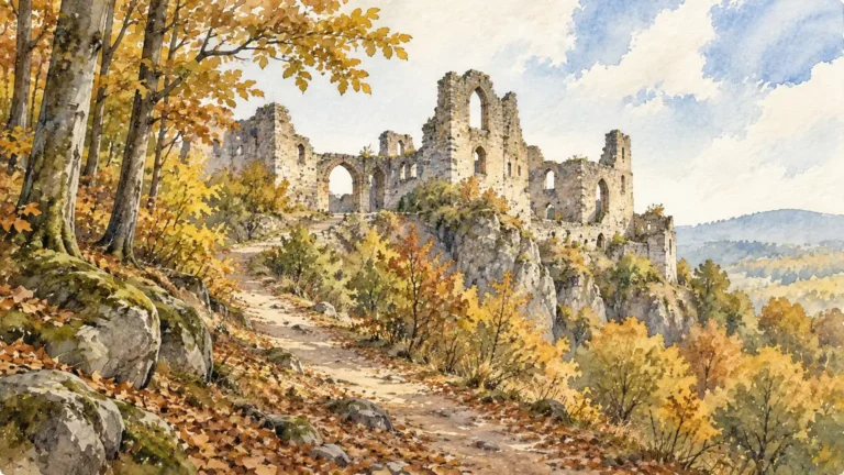 Tematická akvarelová ilustrace k průvodci: Hrad Hukvaldy