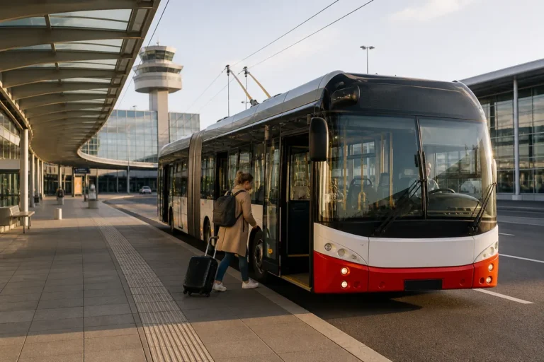 Cestující s kufrem nastupuje do trolejbusu před terminálem Letiště Praha