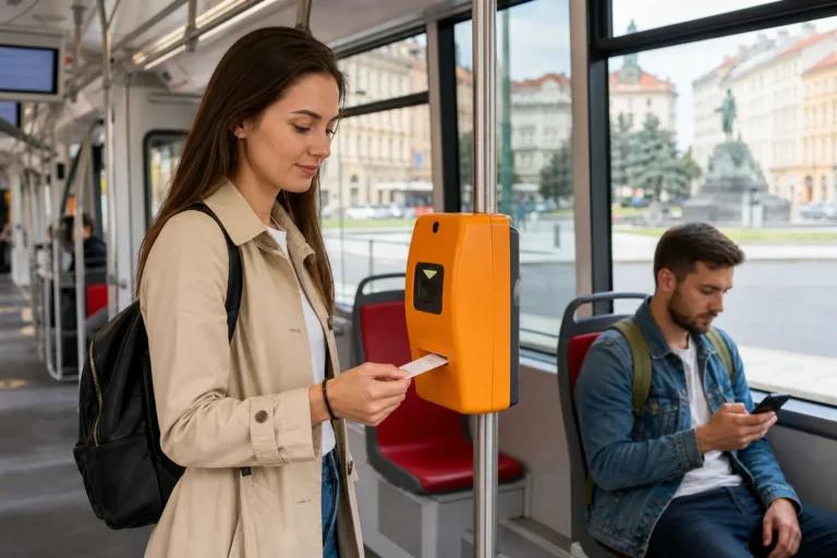 Cestující označuje papírovou jízdenku v moderní pražské tramvaji