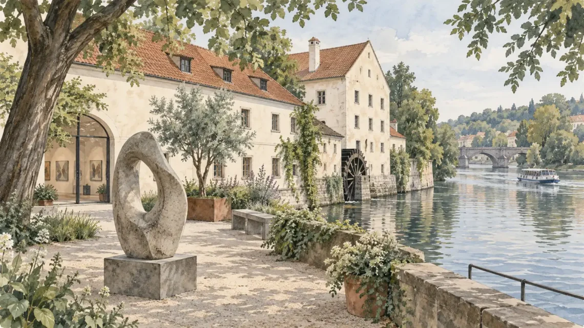 Tematická akvarelová ilustrace k průvodci: Museum Kampa