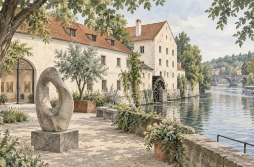 Tematická akvarelová ilustrace k průvodci: Museum Kampa