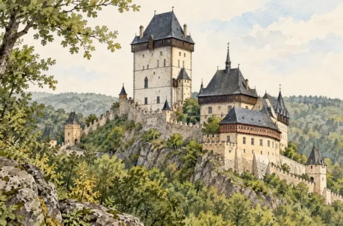 Tematická akvarelová ilustrace k průvodci: Hrad Karlštejn