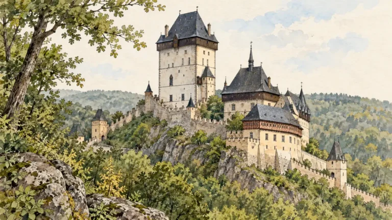 Tematická akvarelová ilustrace k průvodci: Hrad Karlštejn