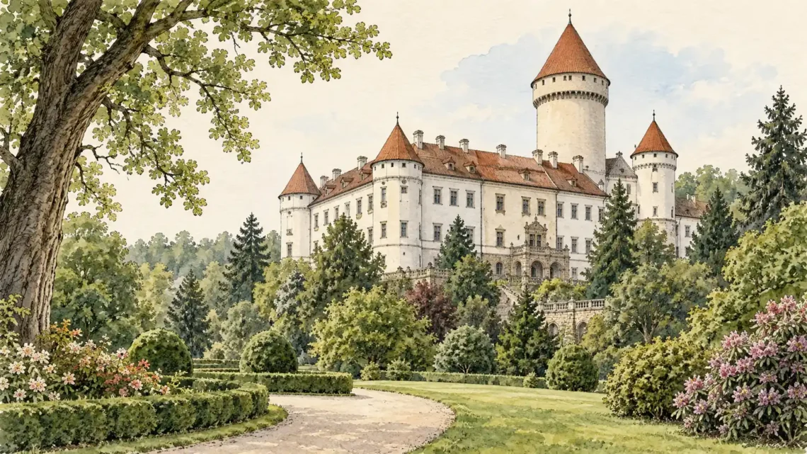 Tematická akvarelová ilustrace k průvodci: Zámek Konopiště