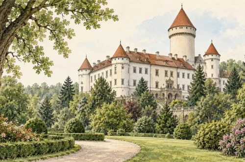 Tematická akvarelová ilustrace k průvodci: Zámek Konopiště