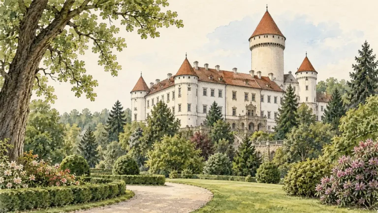Tematická akvarelová ilustrace k průvodci: Zámek Konopiště