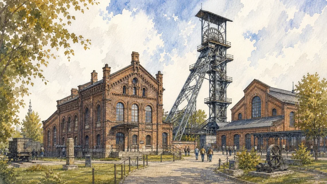 Akvarelová ilustrace k článku: Landek Park Ostrava: vstupné, fárání a Hornické muzeum