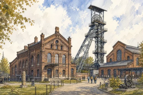 Akvarelová ilustrace k článku: Landek Park Ostrava: vstupné, fárání a Hornické muzeum
