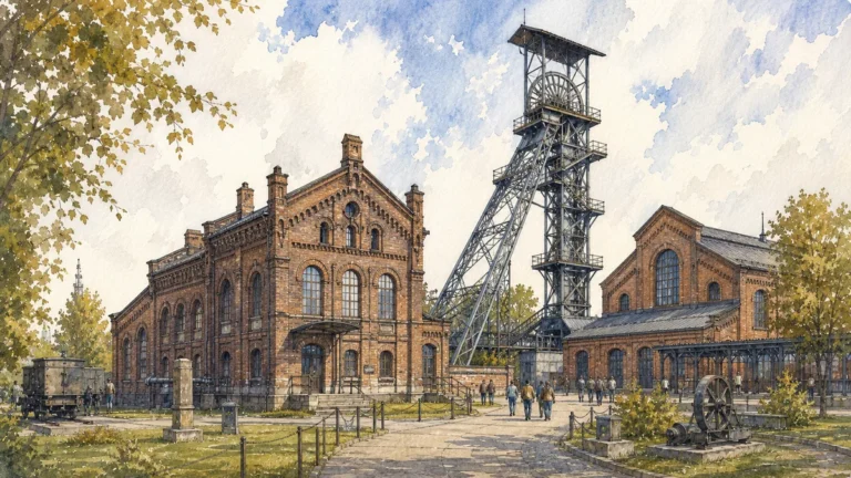 Akvarelová ilustrace k článku: Landek Park Ostrava: vstupné, fárání a Hornické muzeum