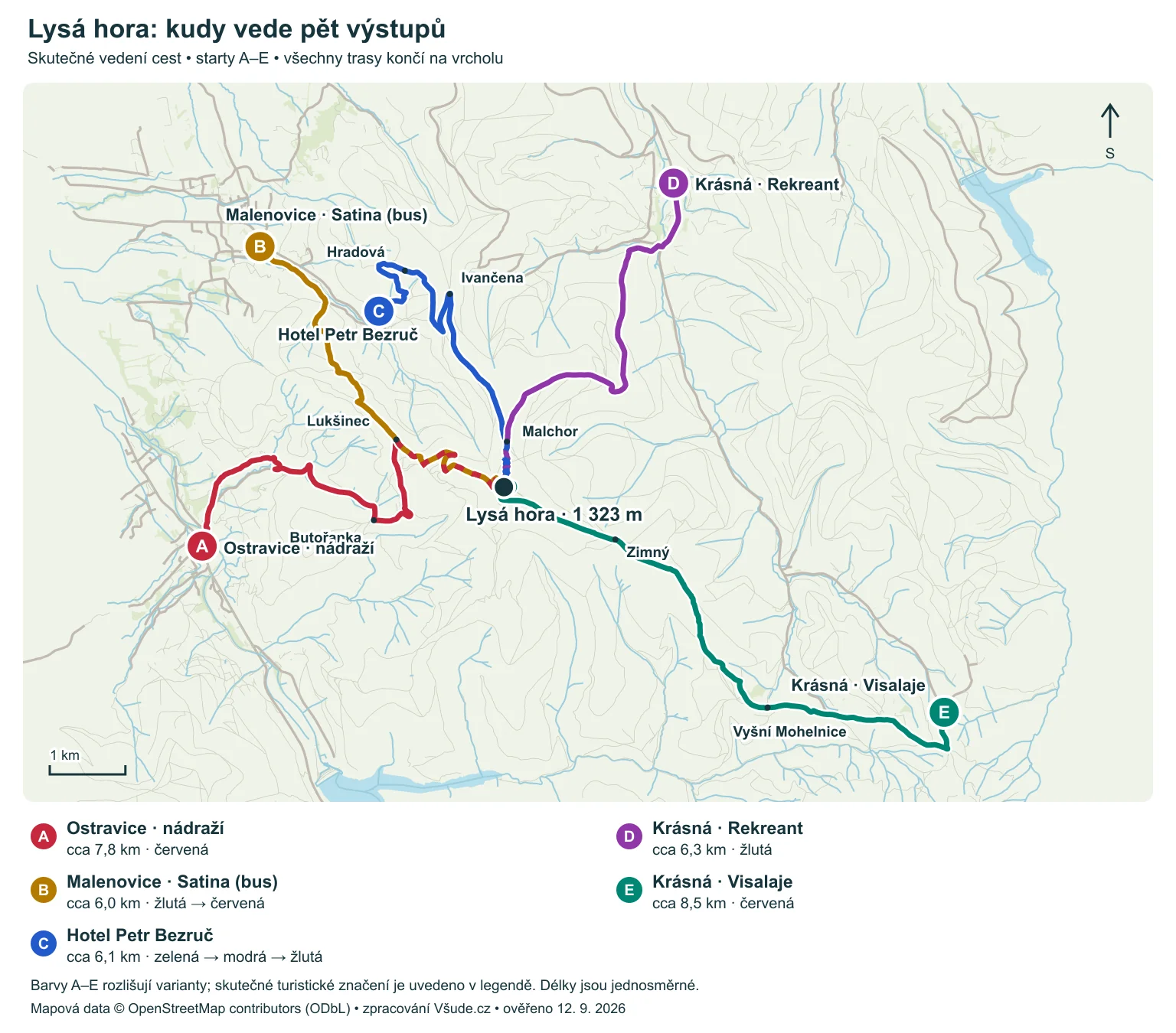 Mapa pěti výstupů na Lysou horu z Ostravice, Satiny, hotelu Petr Bezruč, Rekreantu a Visalají; zvýrazněné trasy a rozcestí.