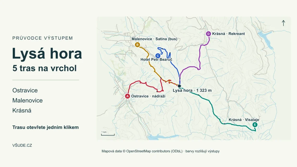 Mapa pěti tras na Lysou horu z Ostravice, Malenovic a Krásné. Každou trasu lze v článku otevřít přímo v Mapy.com.