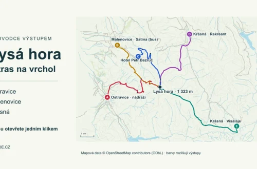 Mapa pěti tras na Lysou horu z Ostravice, Malenovic a Krásné. Každou trasu lze v článku otevřít přímo v Mapy.com.