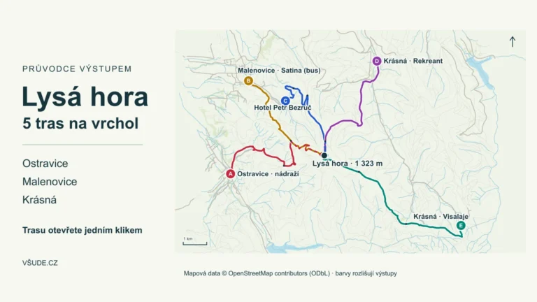 Mapa pěti tras na Lysou horu z Ostravice, Malenovic a Krásné. Každou trasu lze v článku otevřít přímo v Mapy.com.