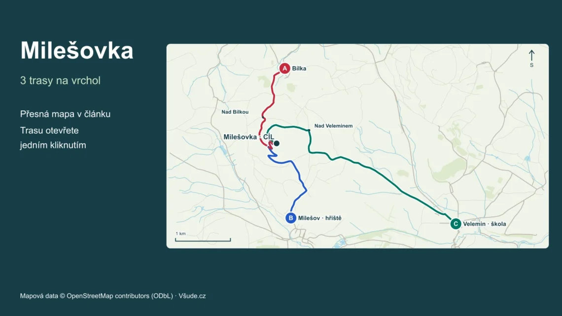 Milešovka – geografická mapa tří výstupů s označenými nástupy a cíli.