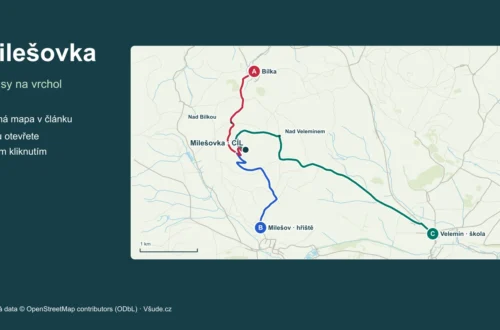 Milešovka – geografická mapa tří výstupů s označenými nástupy a cíli.