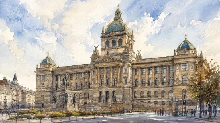 Akvarelová ilustrace k článku: Národní muzeum Praha: vstupné, velryba a návštěva s dětmi