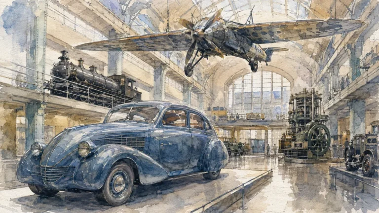 Akvarelová ilustrace k průvodci: Národní technické muzeum Praha