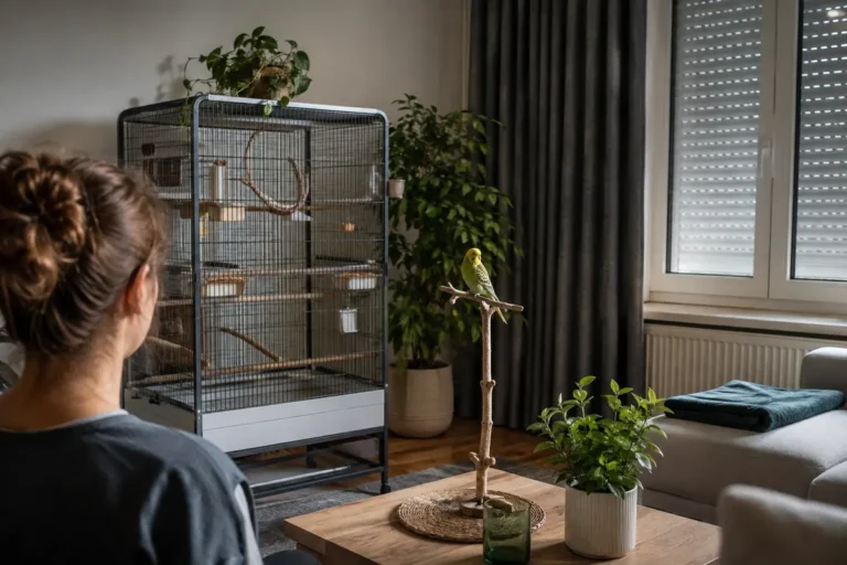 Andulka na bidýlku vedle prostorné klece v bytě