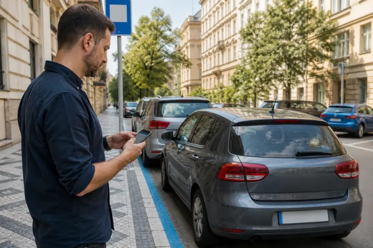 Řidič platí parkování telefonem u modře označeného stání v pražské ulici