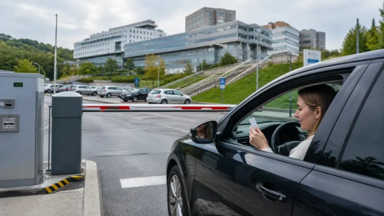 Řidička s parkovacím lístkem u závory před velkou nemocnicí