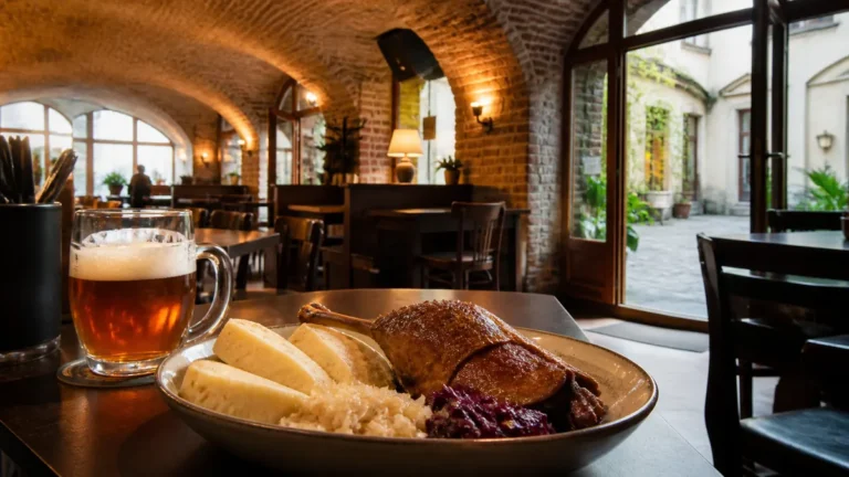 Ilustrační fotografie českého jídla a piva ve velké restauraci s cihlovými klenbami a dvorem