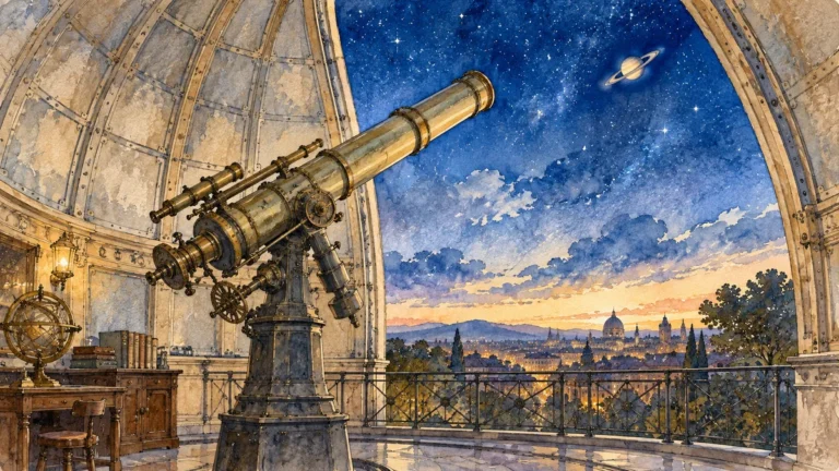 Tematická akvarelová ilustrace k průvodci: Planetárium Ostrava