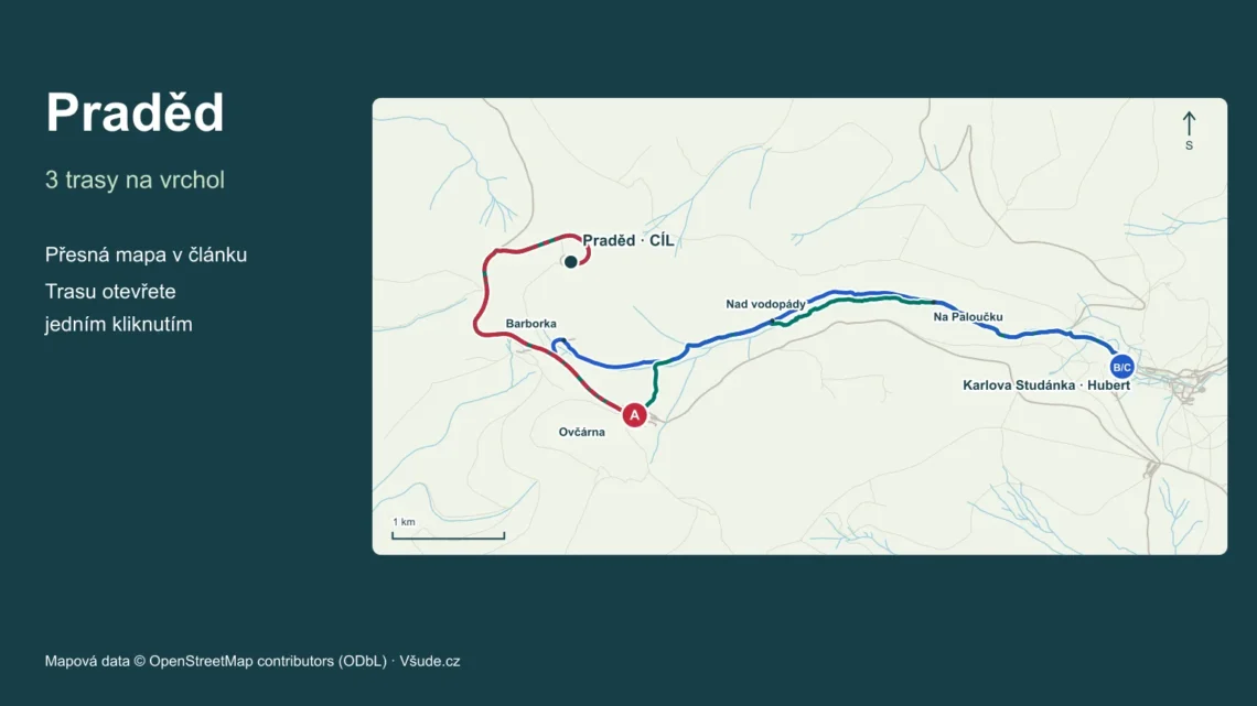 Praděd – geografická mapa tří výstupů s označenými nástupy a cíli.
