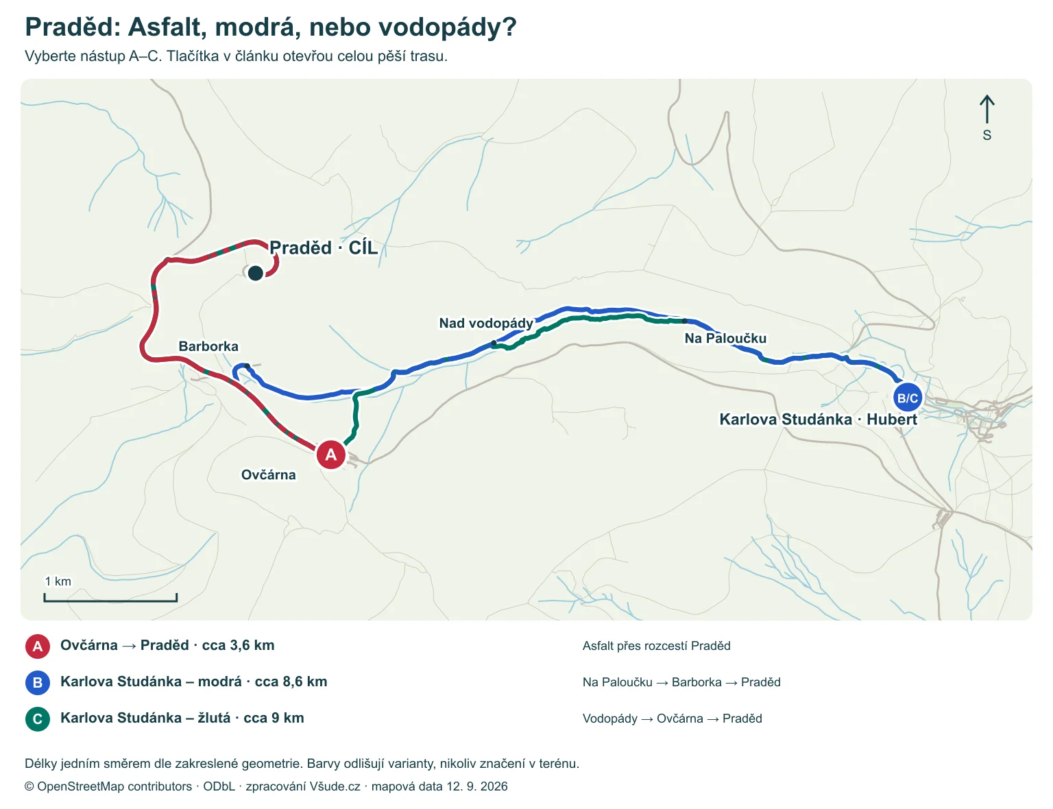 Praděd: skutečné vedení tří pěších výstupů, nástupy a cíle