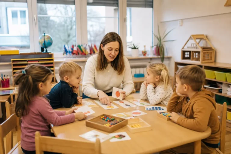 Učitelka pracuje s malou skupinou dětí v přípravné třídě pražské základní školy