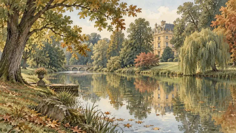 Tematická akvarelová ilustrace k průvodci: Průhonický park