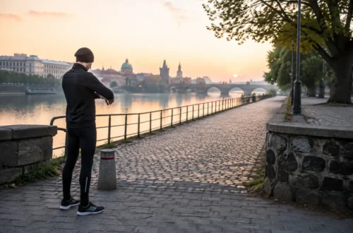 Rekreační běžec zahajuje ranní trénink na první půlmaraton u Vltavy