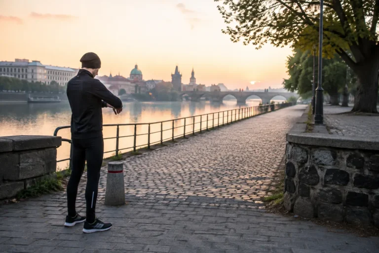 Rekreační běžec zahajuje ranní trénink na první půlmaraton u Vltavy